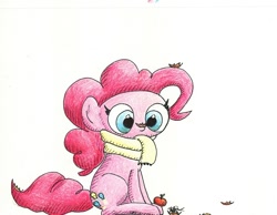 Size: 768x596 | Tagged: safe, artist:getchanoodlewet, pinkie pie, earth pony, pony, clothes, leaves, scarf, sitting, solo, traditional art