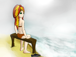 Size: 2000x1500 | Tagged: safe, artist:minosua, sunset shimmer, human, beach, bench, clothes, fog, humanized, ocean, panties, underwear