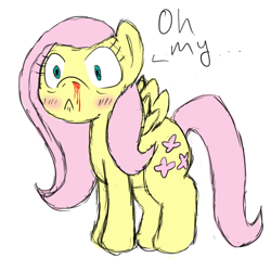 Size: 800x800 | Tagged: safe, artist:heavywario, fluttershy, pegasus, pony, blushing, nosebleed, reaction image, simple background, sketch, solo, white background, wingboner