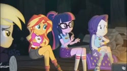 Size: 1284x719 | Tagged: safe, screencap, derpy hooves, rarity, sci-twi, sunset shimmer, twilight sparkle, equestria girls, legend of everfree, camp everfree outfits, female, glasses, ponytail
