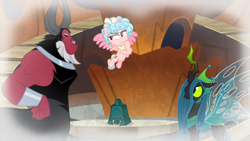 Size: 1366x768 | Tagged: safe, screencap, cozy glow, lord tirek, queen chrysalis, alicorn, changeling, changeling queen, the ending of the end, alicornified, bell, bracer, cozycorn, flashback, flying, grogar's bell, race swap