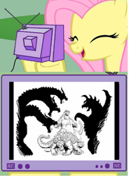 Size: 516x701 | Tagged: safe, fluttershy, kaiju, pegasus, pony, anguirus, exploitable meme, gigan, godzilla, godzilla (series), king ghidorah, matt frank, meme, the anguirus song, tv meme