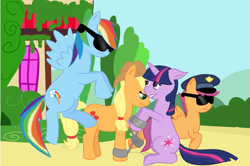 Size: 1093x726 | Tagged: safe, artist:hypercabbage, derpibooru import, applejack, rainbow dash, scootaloo, twilight sparkle, earth pony, pegasus, pony, arrested, cuffs, police, police officer, police uniform, shackles, sunglasses