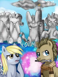 Size: 480x640 | Tagged: safe, artist:themisdolorous, derpy hooves, doctor whooves, rarity, pegasus, pony, unicorn, building, clothes, doctor who, female, manehattan, mare, mouth hold, parody, ponified, scarf, sonic screwdriver, the angels take manhattan, weeping angel, weeping angels