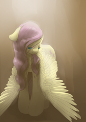 Size: 846x1200 | Tagged: safe, artist:wolfiedrawie, fluttershy, pegasus, pony, detailed wing, floppy ears, head turn, lidded eyes, light, looking down, sad, solo, spread wings, wings, wings down