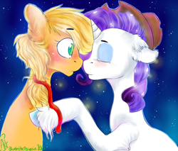 Size: 1200x1024 | Tagged: safe, artist:bluehtheassasin, applejack, rarity, earth pony, pony, unicorn, accessory swap, blushing, female, hat, hat swap, lesbian, rarijack, shipping, unshorn fetlocks