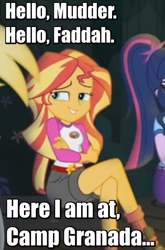 Size: 508x768 | Tagged: safe, edit, edited screencap, screencap, derpy hooves, sci-twi, sunset shimmer, twilight sparkle, equestria girls, legend of everfree, allan sherman, camp granada, hello muddah hello faddah, smiling, song reference, when she smiles