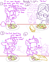 Size: 4779x6013 | Tagged: safe, artist:adorkabletwilightandfriends, spike, starlight glimmer, twilight sparkle, dragon, pony, unicorn, comic:adorkable twilight and friends, absurd resolution, adorkable twilight, bread, chest fluff, comic, cute, dialogue, diet, eyes on the prize, floppy ears, food, grin, lidded eyes, lineart, nervous, nervous grin, open mouth, salad, shrunken pupils, simple background, slice of life, smiling, sweat