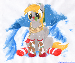 Size: 1194x1000 | Tagged: safe, artist:foxxy-arts, derpy hooves, pegasus, pony, christmas, clothes, female, holiday, holly, holly mistaken for mistletoe, mare, scarf, snow, snowfall, socks, solo, striped socks, traditional art, winter