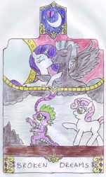 Size: 696x1149 | Tagged: safe, artist:chatsium, rarity, spike, sweetie belle, thunderlane, dragon, pony, unicorn, female, heartbreak, i dreamed a dream, les miserables, male, rarilane, shipping, straight