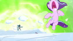 Size: 1366x768 | Tagged: safe, screencap, queen chrysalis, starlight glimmer, changeling, changeling queen, pony, unicorn, the ending of the end, aura, blast, explosion, knock out, magic, magic blast, snow