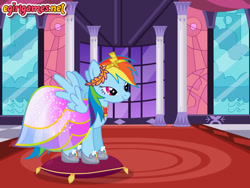 Size: 800x600 | Tagged: safe, artist:user15432, derpibooru import, rainbow dash, pegasus, pony, clothes, crown, dress, dressup, dressup game, egirlgames.net, enjoy dressup, hasbro, hasbro studios, jewelry, prom, prom dress, regalia, shoes