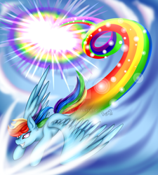 Size: 1024x1138 | Tagged: safe, artist:shamy-crist, derpibooru import, rainbow dash, pegasus, pony, female, flying, mare, solo, sonic rainboom, spread wings, watermark, wings