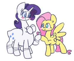 Size: 600x500 | Tagged: safe, artist:otterlore, fluttershy, rarity, drider, monster pony, original species, spider, spiderpony, blushing, cute, eye contact, female, flarity, friends, hoofbump, lesbian, shipping, simple background, smiling, species swap, spiderponyrarity, spread wings, wat, white background