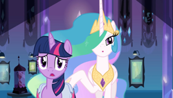 Size: 1366x768 | Tagged: safe, screencap, princess celestia, twilight sparkle, twilight sparkle (alicorn), alicorn, pony, equestria girls, equestria girls (movie), duo, female, looking at you, mare, saddle bag