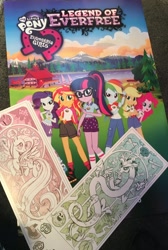 Size: 806x1200 | Tagged: safe, applejack, discord, fluttershy, pinkie pie, rarity, sci-twi, sunset shimmer, twilight sparkle, equestria girls, legend of everfree, comic con, equestria girls logo, ponytail, san diego comic con, solo