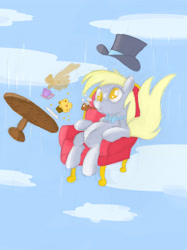 Size: 2472x3304 | Tagged: safe, artist:lendabit, derpy hooves, pegasus, pony, armchair, falling, female, hat, mare, muffin, pipe, solo, top hat