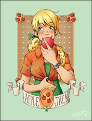 Size: 576x753 | Tagged: safe, artist:sassy-pigeon, applejack, clothes, female, humanized, solo