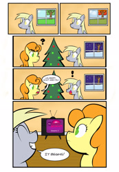 Size: 1557x2244 | Tagged: safe, artist:lendabit, carrot top, derpy hooves, golden harvest, pegasus, pony, female, mare, my little human, role reversal, television, tv show