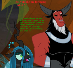 Size: 911x850 | Tagged: safe, edit, edited screencap, screencap, lord tirek, queen chrysalis, centaur, changeling, changeling queen, frenemies (episode), antagonist, caption, chrysirek, cropped, cute, cutealis, female, flirting, funny, image macro, legion of doom, male, nose piercing, nose ring, piercing, shipping, smiling, smirk, straight, text, tirebetes
