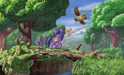 Size: 4000x2439 | Tagged: safe, artist:morevespenegas, derpibooru import, owlowiscious, spike, twilight sparkle, dragon, scenery