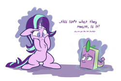 Size: 1500x1000 | Tagged: safe, artist:heir-of-rick, spike, starlight glimmer, dragon, book, dialogue, inanimate tf, objectification, transformation