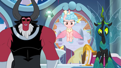 Size: 849x476 | Tagged: safe, screencap, cozy glow, lord tirek, queen chrysalis, alicorn, centaur, changeling, changeling queen, pony, the ending of the end, alicornified, cozycorn, female, filly, former queen chrysalis, legion of doom, male, race swap, tirek is not amused, ultimate chrysalis