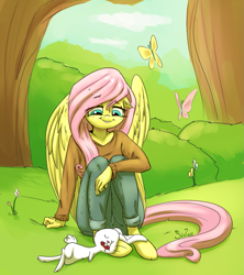 Size: 961x1083 | Tagged: safe, artist:siden, angel bunny, fluttershy, anthro, unguligrade anthro, clothes, drool, hooves, sleeping, sweater, sweatershy