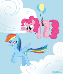 Size: 984x1164 | Tagged: safe, artist:zilkenian, derpibooru import, pinkie pie, rainbow dash, earth pony, pegasus, pony, balloon, then watch her balloons lift her up to the sky