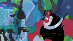 Size: 1366x768 | Tagged: safe, screencap, lord tirek, queen chrysalis, changeling, changeling queen, the ending of the end, angry, annoyed, flying, taunting, tongue out, upset