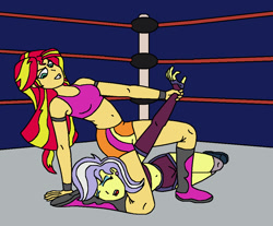 Size: 1028x852 | Tagged: safe, artist:avispaneitor, sunset shimmer, upper crust, equestria girls, belly button, clothes, equestria girls wrestling series, midriff, sports bra, wrestling, wrestling ring