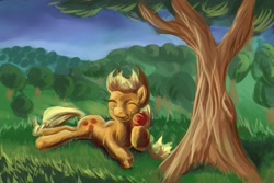 Size: 3000x2000 | Tagged: safe, artist:viwrastupr, applejack, earth pony, pony, apple, eyes closed, obligatory apple, prone, solo, tree