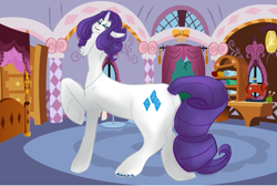 Size: 877x591 | Tagged: safe, artist:mizzgenk, rarity, centaur, pony, unicorn, female, mare, purple mane, solo, white coat