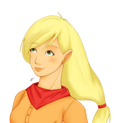 Size: 2515x2598 | Tagged: safe, artist:vulpiepop, artist:vulpineartifier, applejack, bust, humanized, portrait, simple background, solo