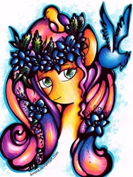 Size: 3098x4116 | Tagged: safe, artist:lirrena, fluttershy, bird, pegasus, pony, flower, solo, traditional art