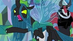 Size: 1366x768 | Tagged: safe, screencap, lord tirek, queen chrysalis, changeling, changeling queen, the ending of the end, bracer, flying, nose piercing, nose ring, piercing, pointing, threatening, ultimate chrysalis, yelling