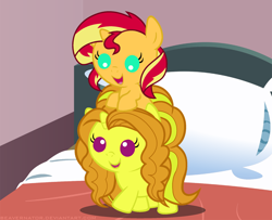 Size: 1120x908 | Tagged: safe, artist:beavernator, edit, adagio dazzle, sunset shimmer, pony, equestria girls, rainbow rocks, adoragio, all glory to the beaver grenadier, baby, baby pony, beavernator is trying to murder us, bed, bipedal, bipedal leaning, cute, eye contact, filly, happy, leaning, looking at each other, looking down, looking up, open mouth, ponies riding ponies, pony hat, raised hoof, shimmerbetes, smiling, walking