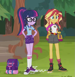 Size: 539x553 | Tagged: safe, screencap, sci-twi, sunset shimmer, twilight sparkle, equestria girls, legend of everfree, camp everfree outfits, clothes, converse, cropped, legs, ponytail, shoes, sneakers