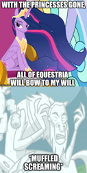 Size: 500x982 | Tagged: safe, edit, edited screencap, screencap, cozy glow, lord tirek, princess twilight 2.0, queen chrysalis, twilight sparkle, twilight sparkle (alicorn), alicorn, centaur, changeling, changeling queen, pony, the ending of the end, the last problem, caption, cropped, crown, ethereal mane, everyone steals tirek's meme, female, filly, folded wings, former queen chrysalis, image macro, implied tyrant sparkle, jewelry, legion of doom statue, male, mare, meme, nose piercing, nose ring, offscreen character, petrification, piercing, regalia, statue, text, text edit, wings