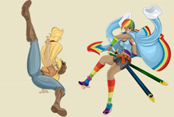 Size: 4000x2701 | Tagged: safe, artist:sonson-sensei, derpibooru import, applejack, rainbow dash, human, action pose, applebucking thighs, geta, humanized, one piece, sandals, sword