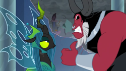 Size: 1366x768 | Tagged: safe, screencap, lord tirek, queen chrysalis, changeling, changeling queen, the ending of the end, angry, bracer, clenched teeth, cloud, cloudy, dark clouds, nose piercing, nose ring, piercing, stoic, thumbs up, upset