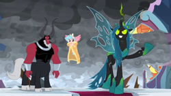 Size: 1366x768 | Tagged: safe, screencap, cozy glow, lord tirek, queen chrysalis, alicorn, centaur, changeling, changeling queen, pony, the ending of the end, alicornified, blanket, bow, bracer, broken, cloud, cloudy, cloven hooves, cold, cozycorn, dark clouds, female, filly, flying, hair bow, male, nose piercing, nose ring, piercing, race swap, shattered, stained glass, trio, unamused