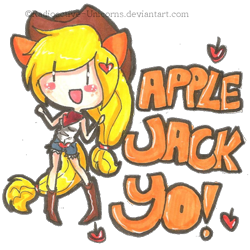 Size: 592x592 | Tagged: safe, artist:radioactive-unicorns, applejack, chibi, eared humanization, humanized, skinny, solo, tailed humanization, traditional art