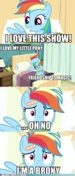 Size: 409x960 | Tagged: safe, derpibooru import, edit, edited screencap, screencap, rainbow dash, pegasus, pony, bandaid, bed, blanket, brony, dead meme, existential crisis, female, hospital, image macro, in-universe pegasister, irony, lamp, mare, meme, pillow, realization, smiling, solo, tissue box