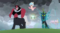 Size: 1366x768 | Tagged: safe, screencap, cozy glow, lord tirek, queen chrysalis, alicorn, changeling, changeling queen, the ending of the end, alicornified, bracer, cloud, cloudy, cozycorn, dark, dark clouds, fist, flying, grogar's bell, levitation, magic, nose piercing, nose ring, outdoors, piercing, race swap, ready to fight, telekinesis