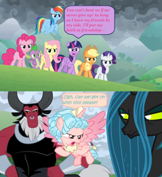 Size: 1362x1488 | Tagged: safe, edit, edited screencap, screencap, applejack, cozy glow, fluttershy, lord tirek, pinkie pie, queen chrysalis, rainbow dash, rarity, spike, twilight sparkle, twilight sparkle (alicorn), alicorn, changeling, changeling queen, earth pony, pony, the ending of the end, alicornified, angry, bracer, comic, cozycorn, determined, dialogue, flying, frustrated, impatient, mane six, nose piercing, nose ring, piercing, race swap, screencap comic, speech bubble, tired, upset
