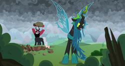 Size: 1366x724 | Tagged: safe, screencap, cozy glow, lord tirek, queen chrysalis, changeling, changeling queen, pegasus, pony, the ending of the end, boulder, bracer, bush, cloud, cloudy, crater, dark, dark clouds, lifting, nose piercing, nose ring, piercing, searching, tree