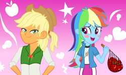 Size: 1024x607 | Tagged: safe, artist:superfluttershy100, derpibooru import, applejack, applejack (male), rainbow dash, equestria girls, apple, appledash, appledash (straight), blushing, equestria guys, female, half r63 shipping, male, rule 63, shipping, straight