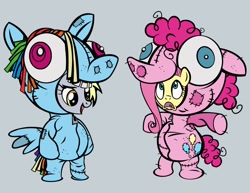 Size: 1200x928 | Tagged: safe, artist:pixelkitties, derpibooru import, derpy hooves, fluttershy, pinkie pie, rainbow dash, earth pony, pony, bipedal, clothes, cosplay, costume, duo