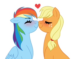 Size: 1024x814 | Tagged: safe, artist:cascayd, derpibooru import, applejack, rainbow dash, earth pony, pegasus, pony, appledash, blushing, boop, duo, eyes closed, female, heart, lesbian, mare, nose wrinkle, noseboop, shipping, simple background, white background